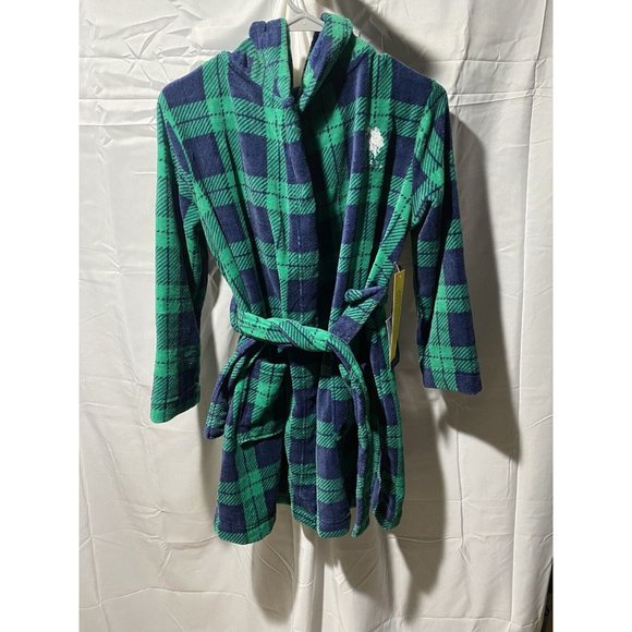 US Polo Assn Boys Robe 10/12 Belt Plush Green/Blue Bathrobe Sleepwear NWT - Picture 1 of 7